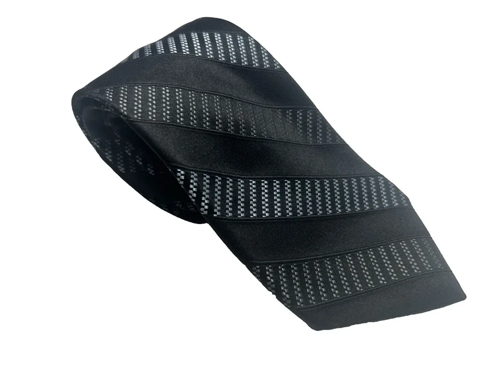 Michael Kors Men's Necktie Black Blue Diagonal Striped Textured Grid 100% Silk